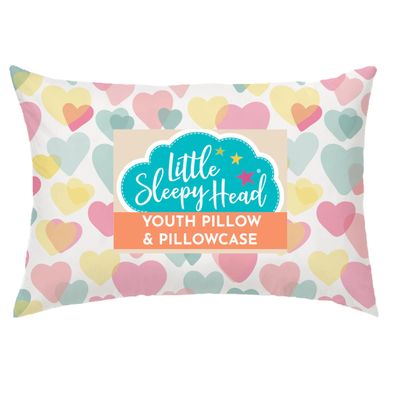 Little Sleepy Head Youth Pillow 16x22 with Hypoallergenic Cotton Pillow case Youth Pillows for Sleeping Age 5-10 - Snugly Designed Youth Neck Pillows for Travel, School and Bedtime - (Hearts)