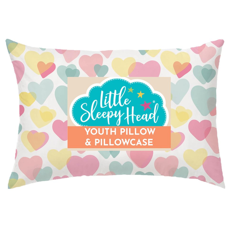 Little Sleepy Head Youth Pillow 16x22 with Hypoallergenic Cotton Pillow case Youth Pillows for Sleeping Age 5-10 - Snugly Designed Youth Neck Pillows for Travel, School and Bedtime - (Hearts)