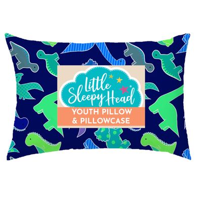 Little Sleepy Head Youth Pillow 16x22 with Hypoallergenic Cotton Pillow case Youth Pillows for Sleeping Age 5-10 - Snugly Designed Youth Neck Pillows for Travel, School and Bedtime - (Dinosaurs Blue)