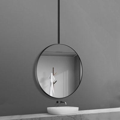 Hanging Rod Mirror for Ceiling Mounted, Bathroom Cloakroom Wall Vanity Makeup Mirror with Metal Black Framed Round Creative Decorative Mirrors for Home or Hotel (Size : Diameter-60CM/23.6INCH)