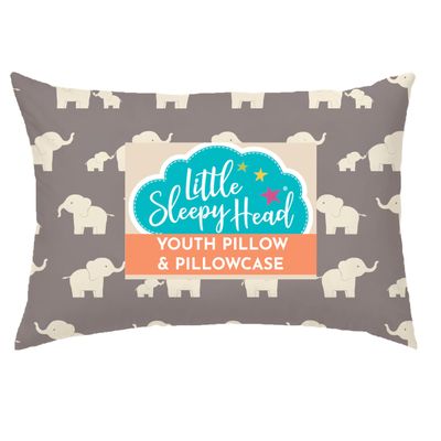Little Sleepy Head Youth Pillow 16x22 with Hypoallergenic Cotton Pillow case Youth Pillows for Sleeping Age 5-10 - Snugly Designed Youth Neck Pillows for Travel, School and Bedtime - (Elephants Gray)