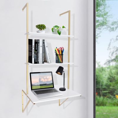 AKaSping Wall Mount Desk 3-Tier Ladder Computer Desk with Storage Bookshelf Wall Table Industrial Bookcase Desk Industrial Floating Shelves for Home Office White