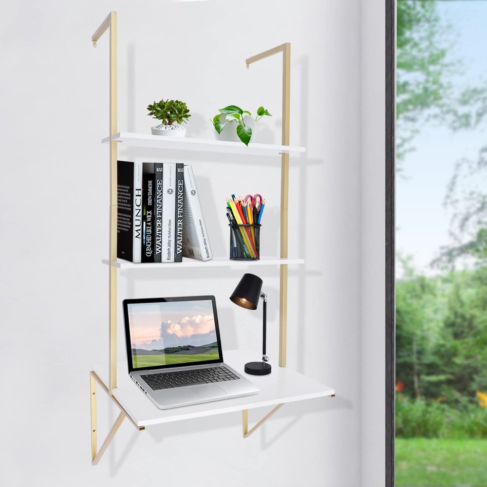 AKaSping Wall Mount Desk 3-Tier Ladder Computer Desk with Storage Bookshelf Wall Table Industrial Bookcase Desk Industrial Floating Shelves for Home Office White