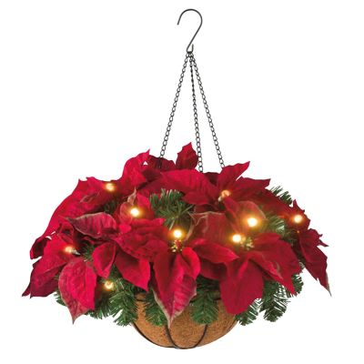 Duffire Christmas Poinsettia Hanging Basket Pre-Lit Artificial Floral Arrangement with Pine Needles for Outdoor Yard Porch Holiday Decor