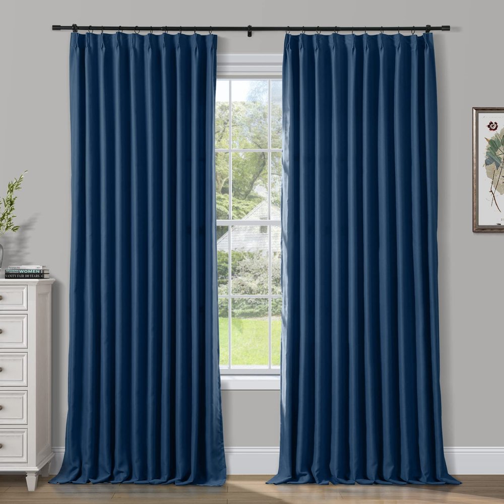ChadMade Memory Shaped Drape Soild Polyester Curtain 96 Inches Long, Thermal Insulated Blackout Curtain Light Blocking Pinch Pleat Drape for Bedroom (W100 x L96, 1 Panel, Navy)