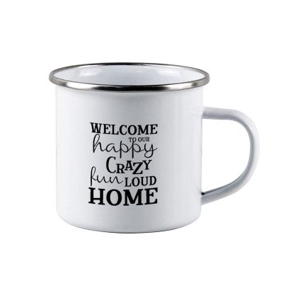 10 Oz Enamel Mug Metal Camping Mug Outdoor Camping Coffee Cup Welcome to Our Happy Crazy Fun Loud Home Coffee Mug for Camping Backpacking Hiking Fishing Housewarming Gifts