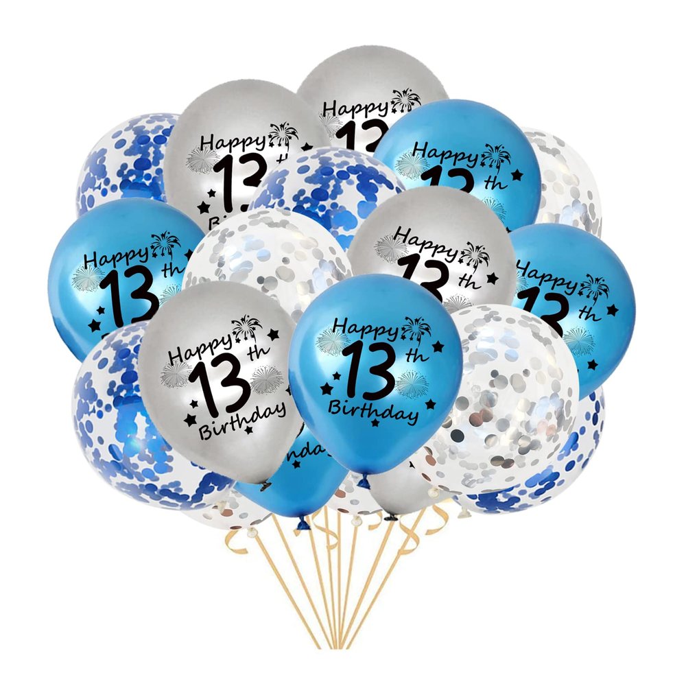 13th Birthday Balloon, Pack of 20 Blue Silver Happy 13th Birthday Latex Confetti Balloon Ribbons for 13th Teenager Boys Birthday Party 13 Year Old Birthday Supplies 12inch (Blue)