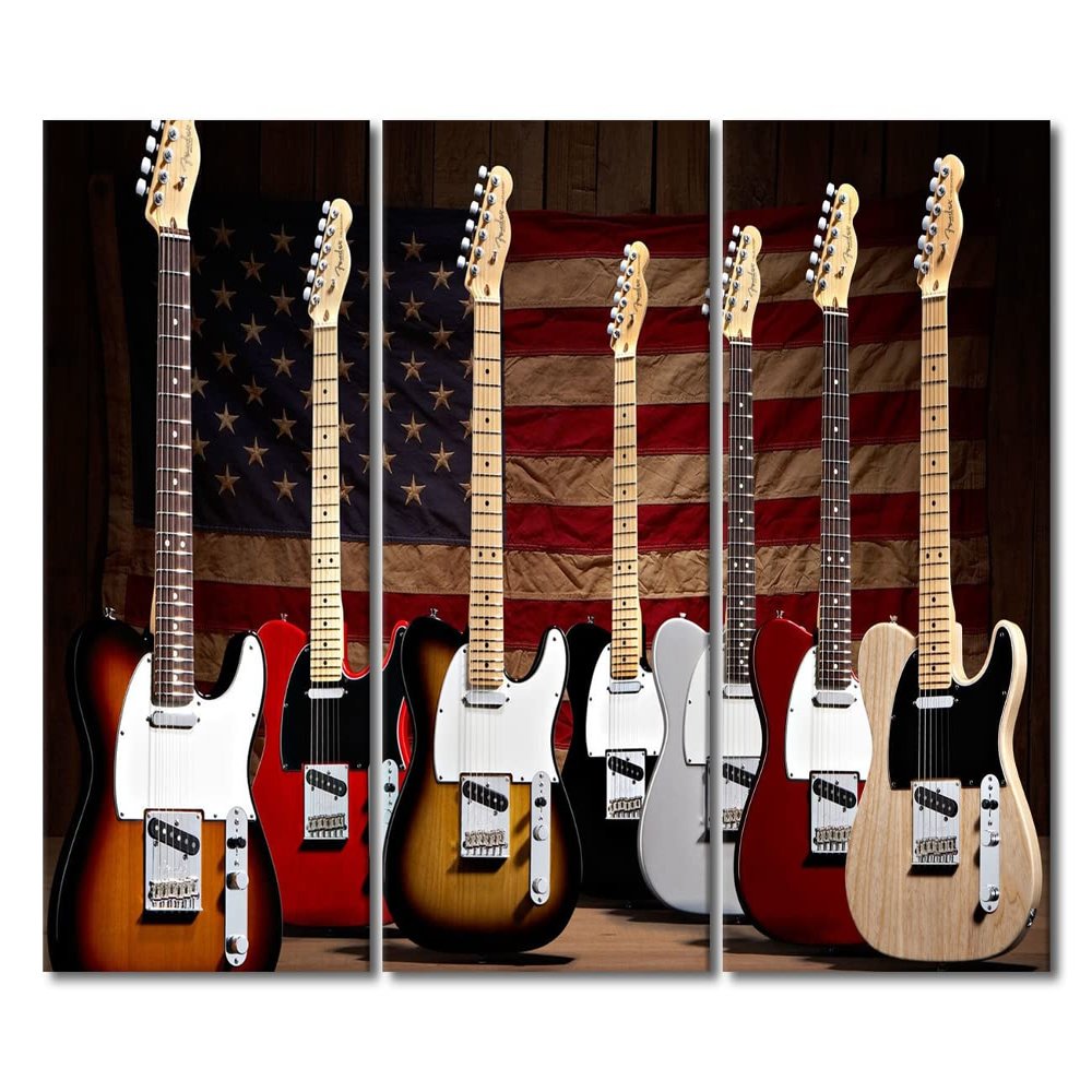 3 Panel Canvas Wall Art Musical Instrument Decorations Guitar Picture Poster and Prints Modern Home Wall Decor Music Artwork Wood Framed Gallery-Wrapped Ready to Hang, 60" Wx40 H