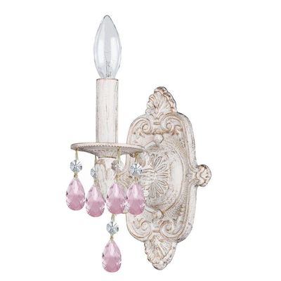 Bailey Street Home Traditional 1 Light Candle Wall Sconce with Rose Colored Hand Cut Crystal in Antique White