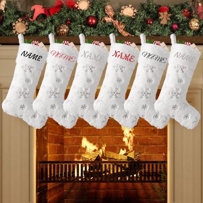AtiMing White Faux Fur Personalized Christmas Stockings Family of 6 Large Plush Custom Embroidery Christmas Stockings with Names Sequin Snowflakes Customized Stockings for Xmas Fireplace Decorations