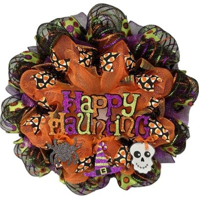 Happy Haunting with Spider, Skull and Witch Hat. Available in 24 inch and 28 inch diameters