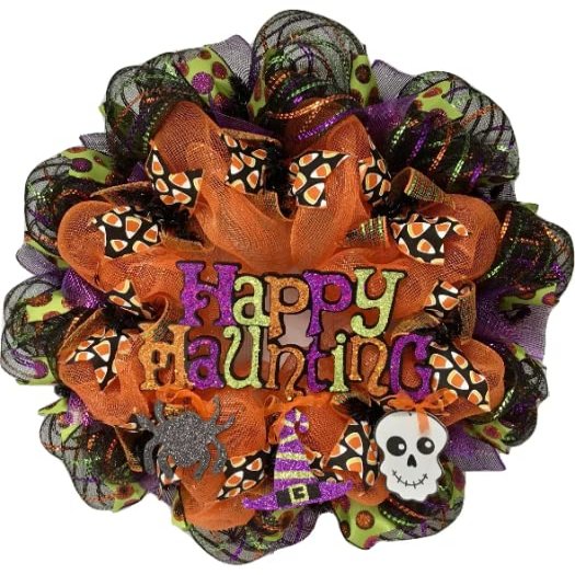 Happy Haunting with Spider, Skull and Witch Hat. Available in 24 inch and 28 inch diameters