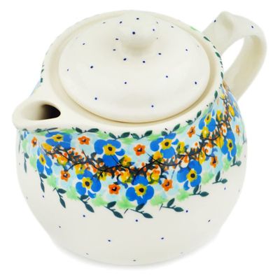 Polmedia Polish Pottery Tea or Coffee Pot UNIKAT - Sweet Blooms Pattern Handmade in Boleslawiec Poland + Certificate of Authenticity
