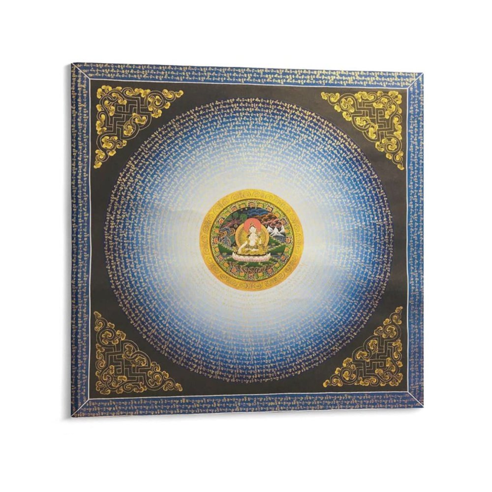 White Tara Mantra Mandala Buddhism Religion Meditation Poster Buddha Decorative Canvas Wall Art Living Room Bedroom Painting 28x28inch(70x70cm)