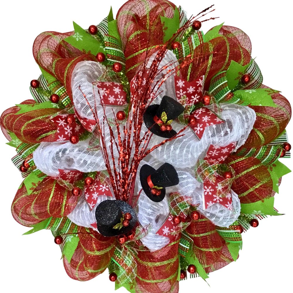 Snowman Hat Glittering Spray Holiday Wreath Handmade Deco Mesh. Available in 24 inch and 28 inch diameters