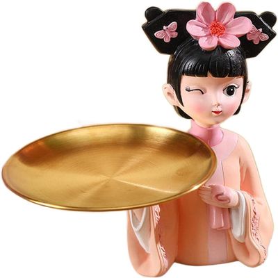 Chinese Style Girl Figurine with Storage Tray Decorative Jewelry Storage Ornament Decorative Girl Sculpture for Living Room Table Home Decoration