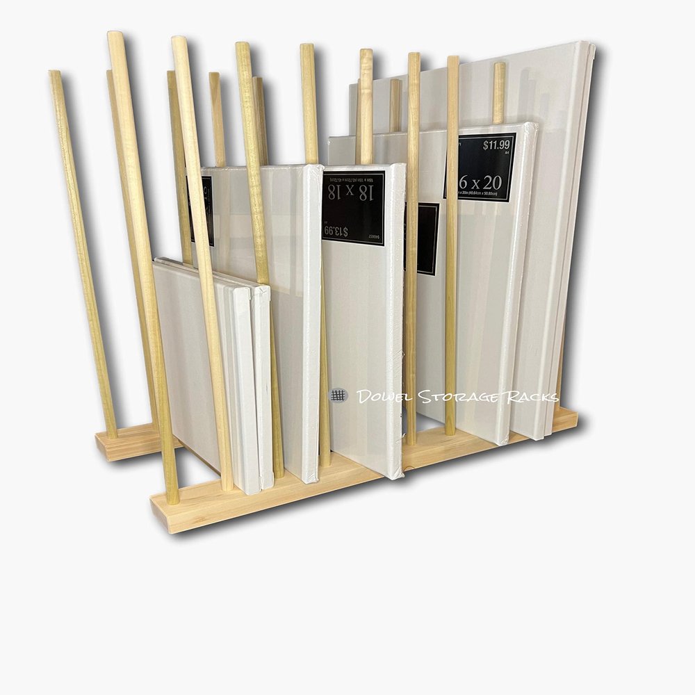 Art Storage Rack - 24' Long x 11' Wide with 24' Tall dowels - for Art Canvas Storage, Frames, Framed Art, Paintings, Unfinished wood