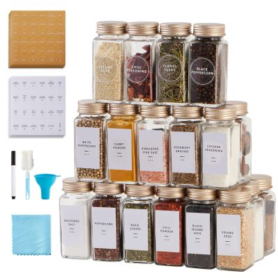 36 Pcs Spice Jars with Label- Glass Spice Jars with Gold Metal Caps,Shaker Lids, Funnel, Chalk Pen, Brush,Cleaning Cloth,Skiileor 4oz Seasoning Containers Bottles for Spice Rack, Cabinet, Drawer