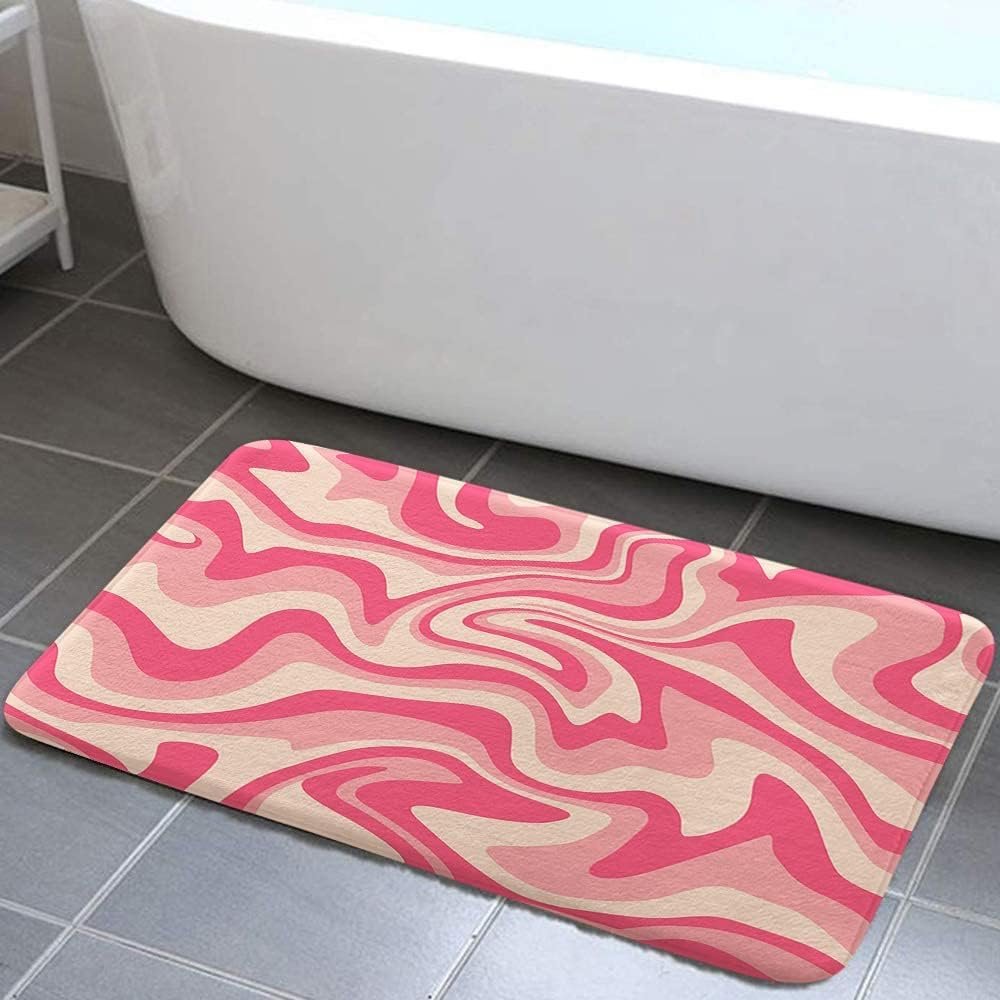 Aesthetic 70S Abstract Wavy Swirl Bath Rugs, Cute Pink Beige Bath Mats, Aesthetic Retro Minimal Groovy Teen Girls Non Slip Bathroom Rug Accessories Shower Mat Floor Mat for Kitchen Bedroom,17X29in