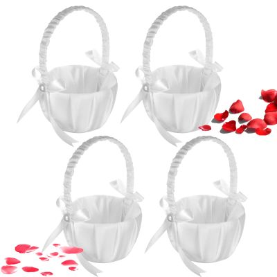 4PCS Flower Girl Basket for Wedding, White Satin Bowknot Flower Baskets Pearl Collection, Wedding Baskets for Flower Girls