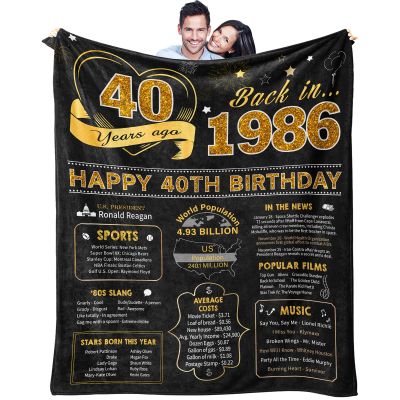 40th Birthday Gifts Women Men, 40 Year Old Birthday Gifts for Women Men, 40th Bday Gift Ideas Throw Blanket 60 x 50 Inch, 1986 Bday Gift for Woman Man, 40 Yr Old/Forty Presents for Female Male