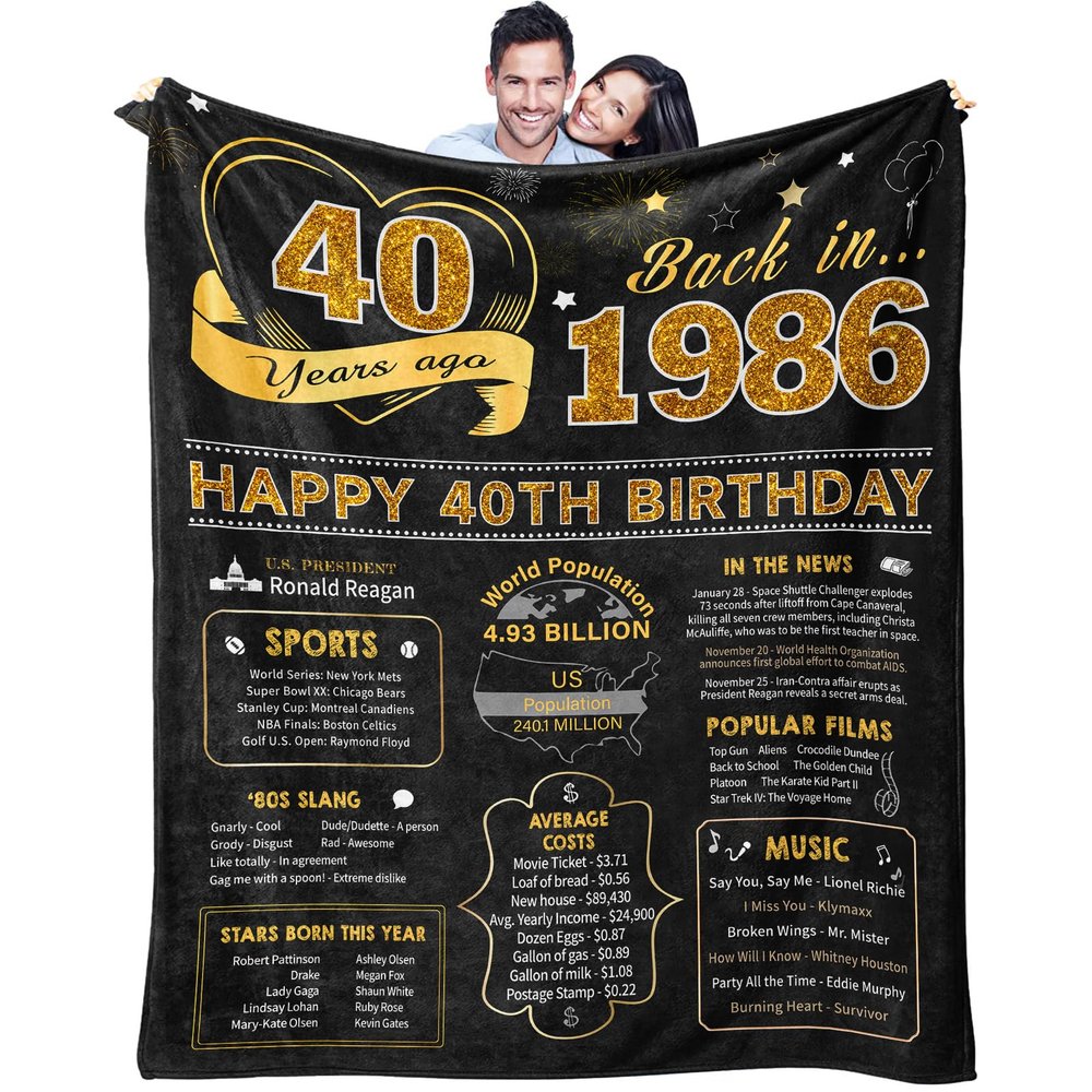 40th Birthday Gifts Women Men, 40 Year Old Birthday Gifts for Women Men, 40th Bday Gift Ideas Throw Blanket 60 x 50 Inch, 1986 Bday Gift for Woman Man, 40 Yr Old/Forty Presents for Female Male