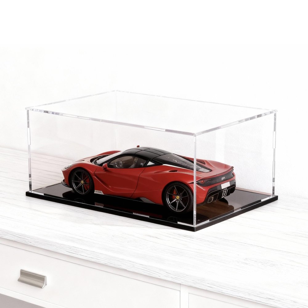 HEMYLU Acrylic Display Case with Lid, Rectangle Clean Acrylic Box with Matte Black Stand for 1:18 Diecast Model Cars (13x6.7x6.3 inch)