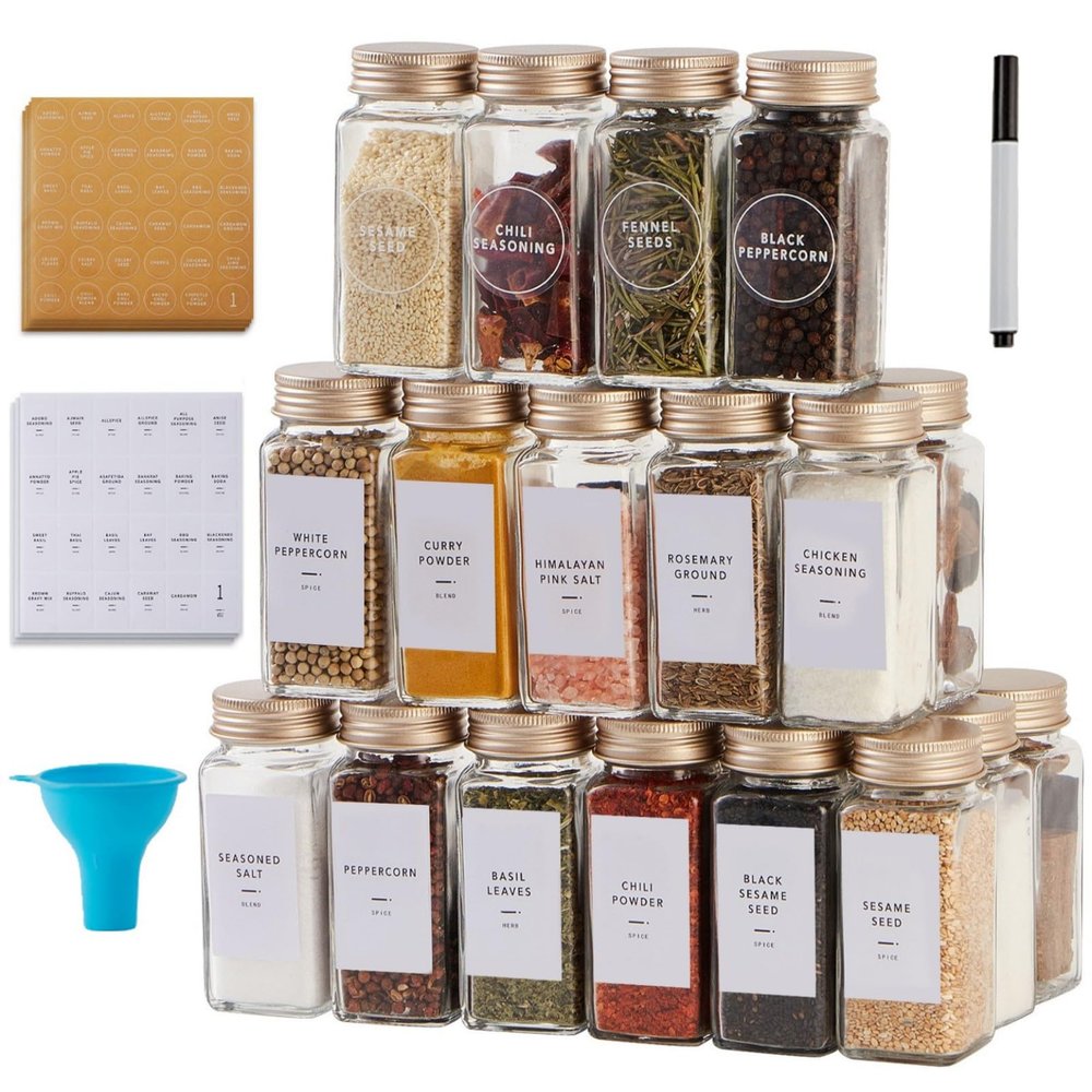 25 Pcs Spice Jars with Label- Glass Spice Jars with Gold Metal Caps,Shaker Lids, Funnel, Chalk Pen, Skiileor 4oz Seasoning Containers Bottles for Spice Rack, Cabinet, Drawer