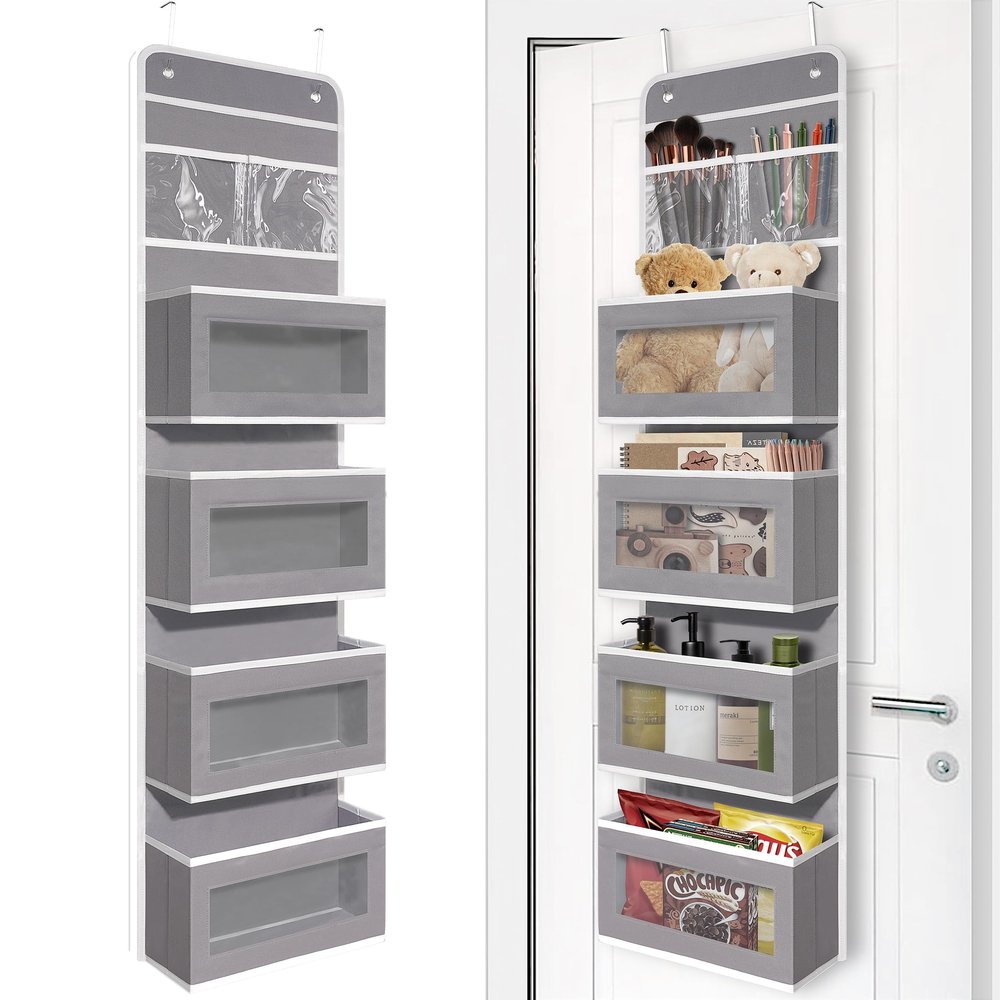 GCreation Over Door Organizer for Bedroom Bathroom Pantry, 5 Shelf Gray