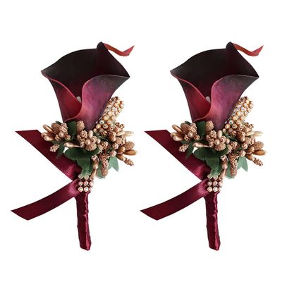 Jackcsale Calla Lily Boutonniere for Men Wedding Groom Best Man Boutonniere with Pin Set of 2 for Wedding Party Prom Event Ceremony Anniversary(Wine Red
