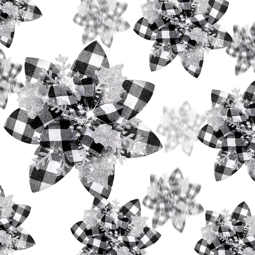 24 Christmas Glitter Artificial Poinsettia Flowers Xmas Poinsettia Artificial Wedding Flowers Decorations Xmas Tree Ornaments with Clips for Party Favors, 6 Inch, 4 Inch, 3 Inch (Black White, Silver)