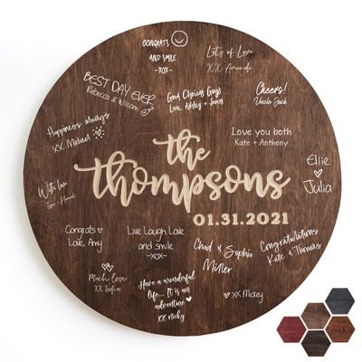 Customization Mill Personalized Wedding Guest Book Alternative | Family Name, Date | 5 Optional Wooden Colors, 2 Optional Shapes, 4 Sizes, Unique Wedding Decor - D3