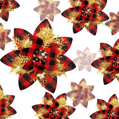 24 Christmas Glitter Artificial Poinsettia Flowers Xmas Poinsettia Artificial Wedding Flowers Decorations Xmas Tree Ornaments with Clips for Party Favors, 6 Inch, 4 Inch, 3 Inch (Red Black, Gold)