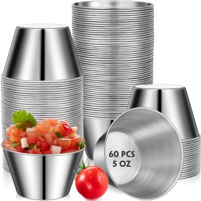 60 Pcs Stainless Steel Sauce Cups Bulk,5 Oz Metal Ramekins Dipping Sauce Cups Condiment Bowls Reusable Stackable Round Individual Dipping Bowls Containers for Kitchen Restaurant