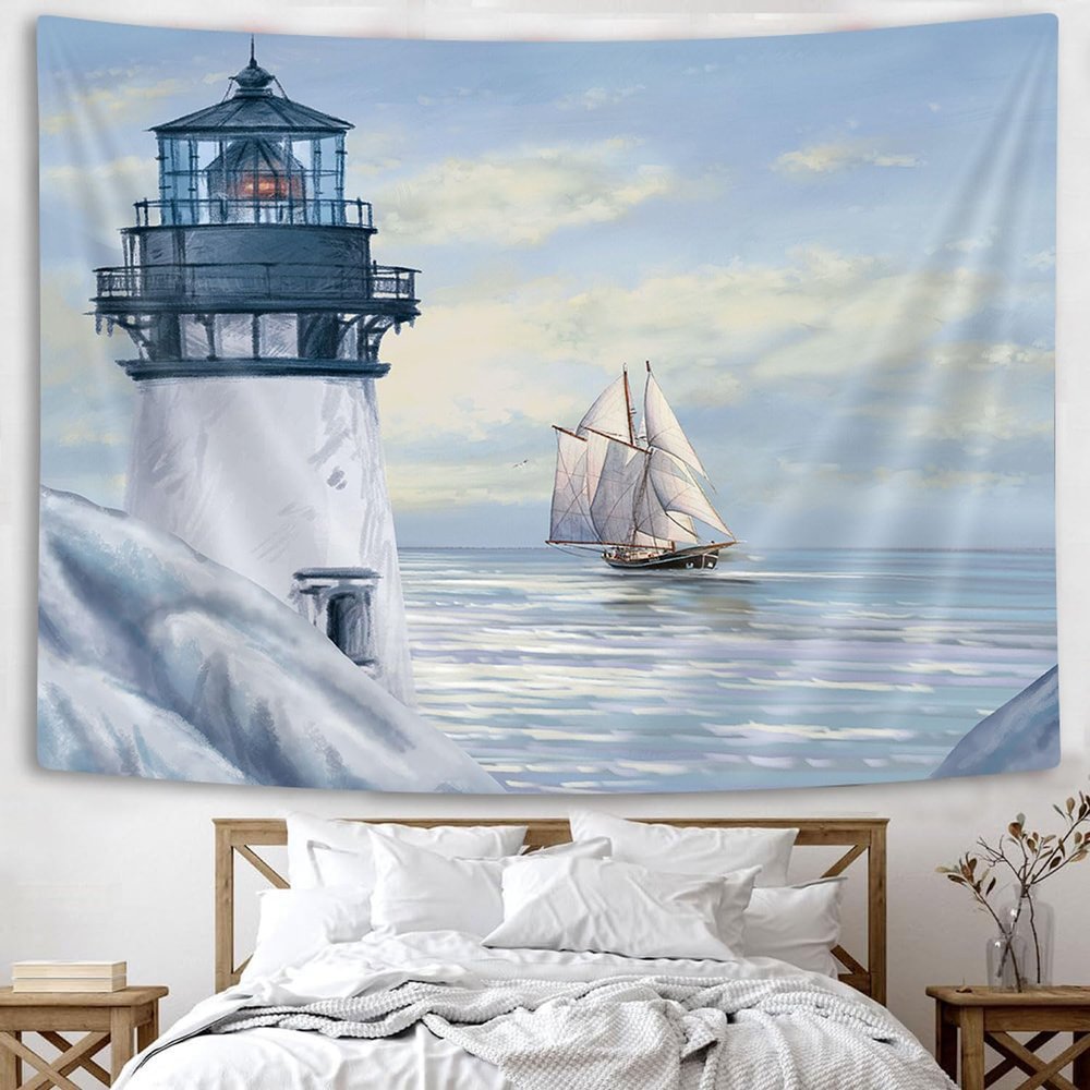 Jipusai Blue Ocean Lighthouse Tapestry for Bedroom Livingroom Decor, Lighthouse and Sailboat Wall Hanging Tapestry,Retro Nautical Wall Decor Poster Blanket Decor Accessories 70x60 IN