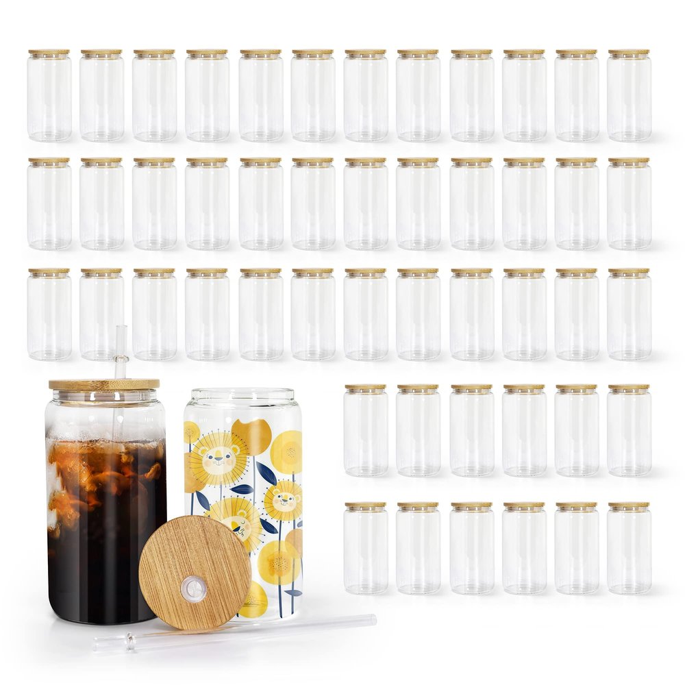 AGH 50 Pack 16OZ Clear Sublimation Glass Can with Splash-proof Lid and Straw Sublimation Glass Cups Tumbler Jars Beer Cans, Cocktail Glasses, Whiskey Glasses,Great Gift