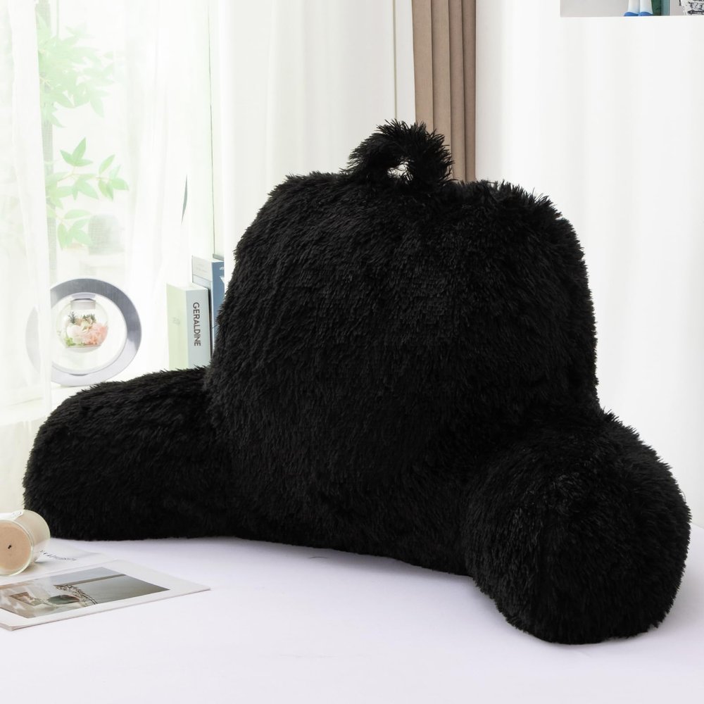 A Nice Night Faux Fur Reading Pillow Bed Wedge Large Adult Children Backrest with Arms Back Support for Sitting Up for Bedrest,Black