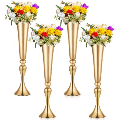 Amylove 4 Pieces 22 Inch Tall Gold Trumpet Vases for Centerpieces, Wedding Gold Flower Stand, Floral Stand Display Rack for Tables, Wedding Dinner Party, Anniversary Ceremony Birthday Event Decor
