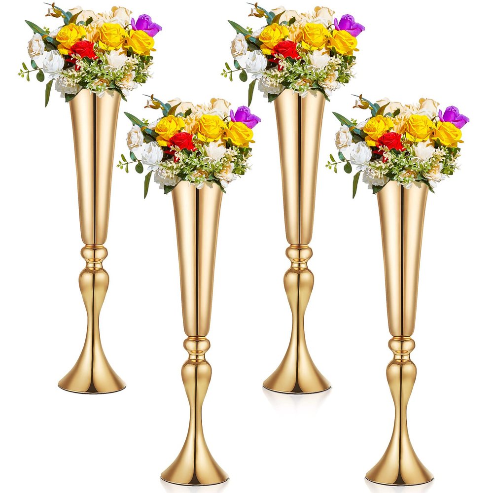 Amylove 4 Pieces 22 Inch Tall Gold Trumpet Vases for Centerpieces, Wedding Gold Flower Stand, Floral Stand Display Rack for Tables, Wedding Dinner Party, Anniversary Ceremony Birthday Event Decor