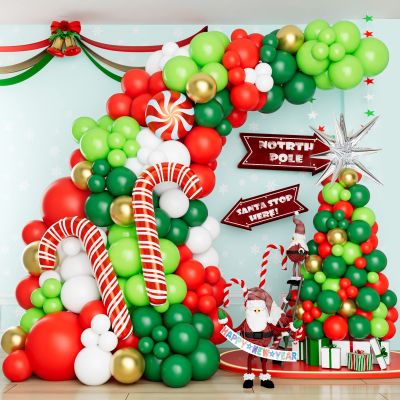 Christmas Balloon Garland Arch Kit with Xmas Red Dark Green White Gold Lime Green Candy Cane Balloon Silver Siamese Exploding Star Balloons for Christmas Party Decorations