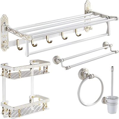 YQBUER Shower Wall Shelf 5 Pieces Bathroom Hardware Accessories Set Towel Rack Set Bathroom Shelf Double-Layer Folding Towel Racktowel Bars Corner Storage Rack