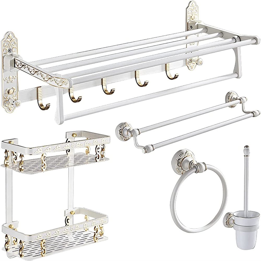 YQBUER Shower Wall Shelf 5 Pieces Bathroom Hardware Accessories Set Towel Rack Set Bathroom Shelf Double-Layer Folding Towel Racktowel Bars Corner Storage Rack