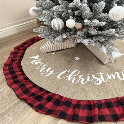 AISENO 36 Inch Christmas Tree Skirt Linen Burlap Buffalo Plaid Edge Decoration for Merry Christmas Party Red and Black Buffalo Christmas Tree Skirt Decorations