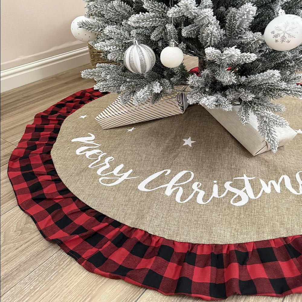 AISENO 36 Inch Christmas Tree Skirt Linen Burlap Buffalo Plaid Edge Decoration for Merry Christmas Party Red and Black Buffalo Christmas Tree Skirt Decorations