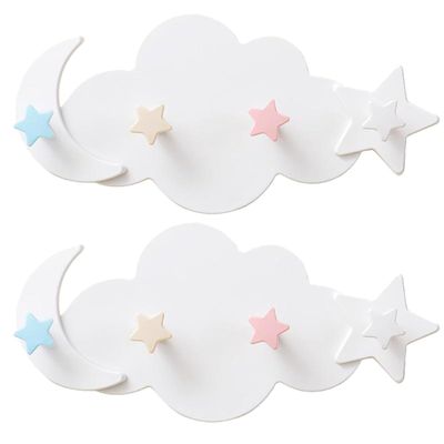 Cabilock 2Pcs White Cloud Moon Star Shaped Adhesive Wall Hooks - Plastic Wall Mounted Key Holder for Home Decor, Kitchen Towel Hanger, Bathroom Organizer