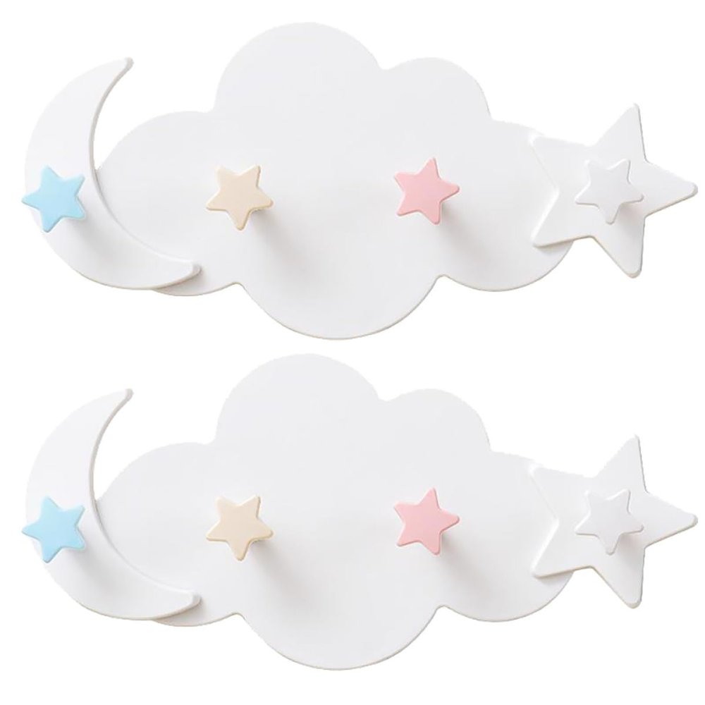 Cabilock 2Pcs White Cloud Moon Star Shaped Adhesive Wall Hooks - Plastic Wall Mounted Key Holder for Home Decor, Kitchen Towel Hanger, Bathroom Organizer