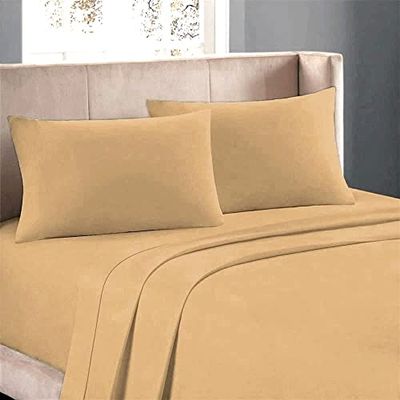 Kanak Bedding Micro Fiber Bed Sheet Beige (Flat Sheet + Fitted 15'' + 2 Pillowcases) Twin 4Piece Breathable & Cooling Sheets