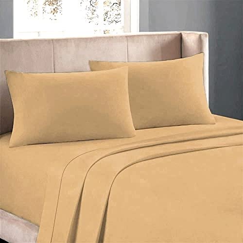 Kanak Bedding Micro Fiber Bed Sheet Beige (Flat Sheet + Fitted 15'' + 2 Pillowcases) Twin 4Piece Breathable & Cooling Sheets