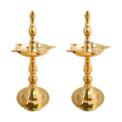 Craftsofindia 5 Inch Brass Kerala Samai Standing Deepak for Puja - Traditional Oil Lamp Diya Indian Engraved Deep Diwali Deepawali Kutthu Vilakku Pooja Return Gift Item [Set of 2]