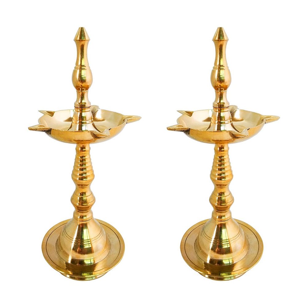 Craftsofindia 5 Inch Brass Kerala Samai Standing Deepak for Puja - Traditional Oil Lamp Diya Indian Engraved Deep Diwali Deepawali Kutthu Vilakku Pooja Return Gift Item [Set of 2]